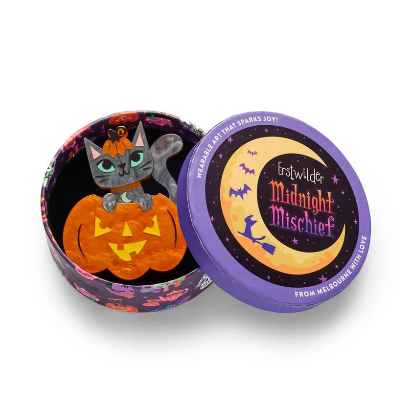Erstwilder Midnight Mischief Brooch Cat O'Lantern